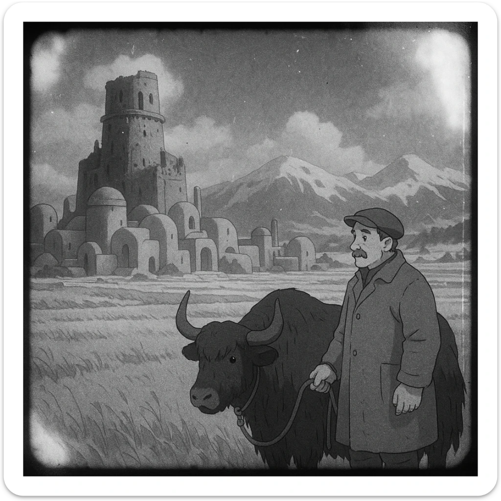 8mm film black and white, no color, light leaks. the image shows post-war reconstruction-era life in the z'rian commonwealth capital region, santa-fe neo-adobe futuristic architechture. arctic temperate region. there is a tattered tower-bastion, a vast field and a middle-aged man with a large black yak sticker