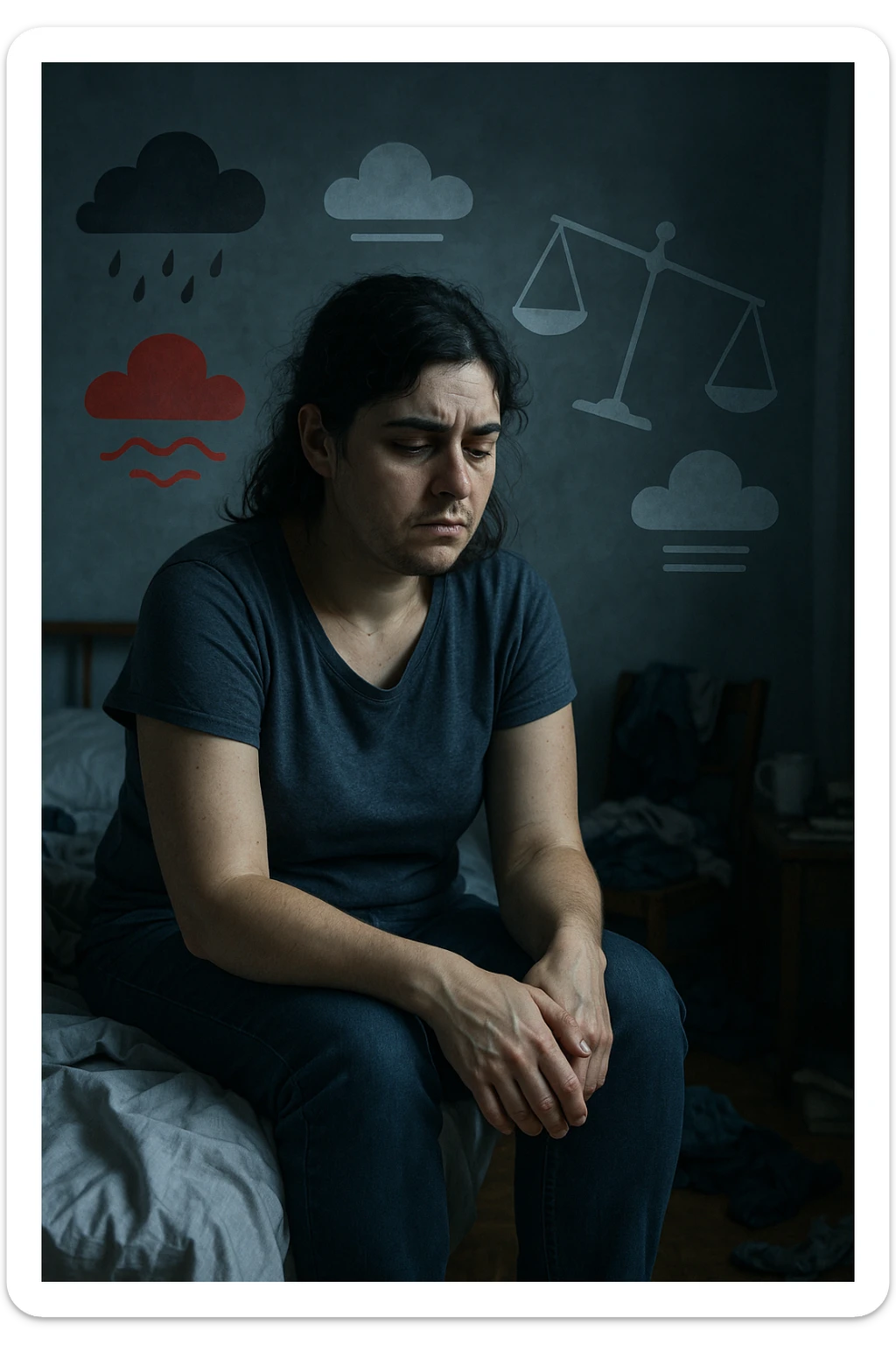 Donna tra i 25 e i 35 anni seduta da sola in una stanza, con lo sguardo basso e un’espressione di frustrazione e stanchezza. Sul volto si notano peli visibili sul mento e sopra il labbro, simbolo di irsutismo. Intorno a lei, l’ambiente appare disordinato, con luci fredde e atmosfera pesante. In trasparenza, simboli stilizzati di sbalzi d’umore (nuvole scure e rosse alternate a simboli di calma), e una bilancia emotiva sbilanciata. Le mani stringono le gambe, in gesto di disagio fisico ed emotivo. Colori cupi con accenti contrastanti. Stile realistico con elementi simbolici sticker