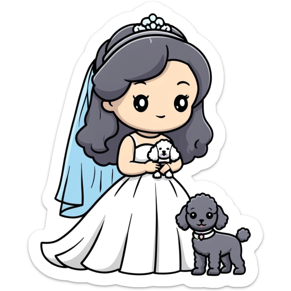 A beautiful girl with long black hair in a wedding dress holds a small gray poodle sticker