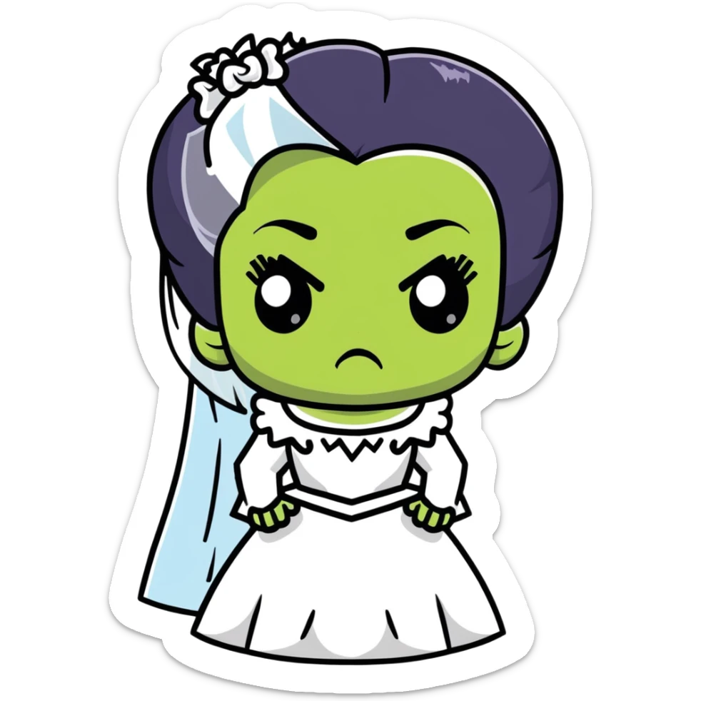 Bride of Frankenstein with tall black and white hair and stitches on face sticker