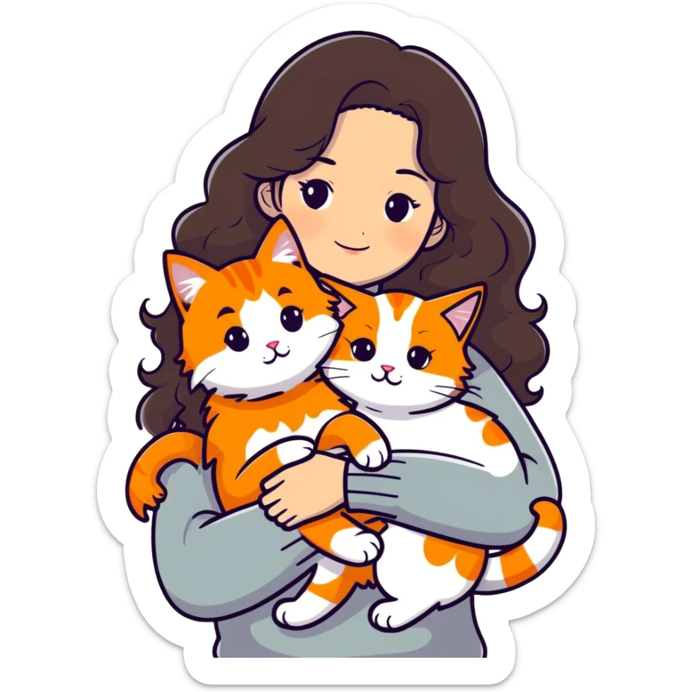 a girl with long dark brown curly hair, wearing a white sweater, hugging an orange cat, a grey Maine Coon, and a white cat with spots, sticker style sticker