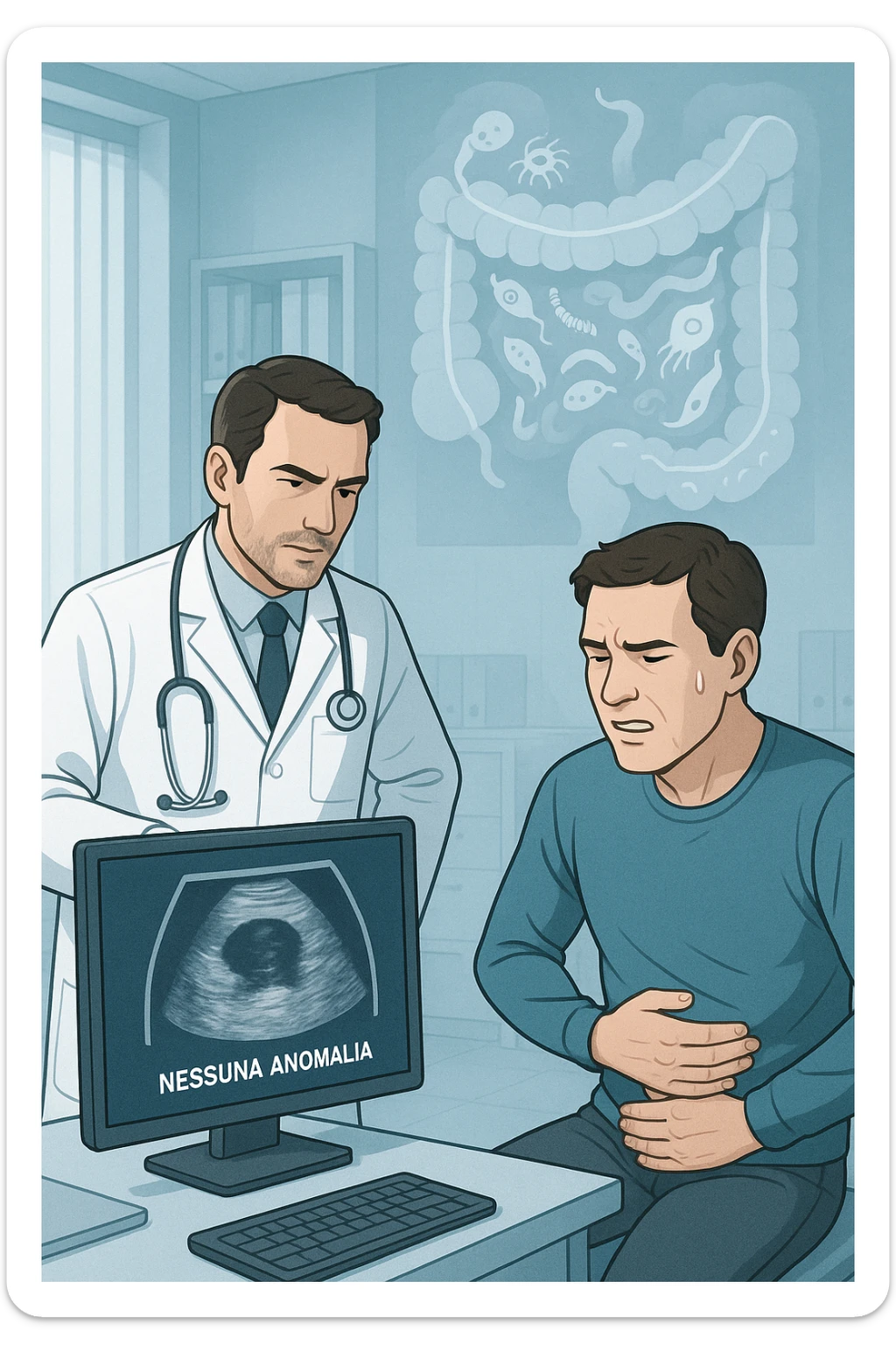 Medico in camice bianco in uno studio moderno, mentre osserva una TAC o ecografia su uno schermo con espressione convinta. Accanto a lui, un paziente seduto che lamenta dolori intestinali. Sullo sfondo, un’immagine traslucida dell’intestino pieno di piccoli parassiti stilizzati (vermi, protozoi), non visibili nel monitor medico. Il monitor mostra 'nessuna anomalia', ma dietro c’è la realtà invisibile. Atmosfera clinica ma con contrasto simbolico tra 'ciò che si vede' e 'ciò che sfugge'. Colori freddi, luce ospedaliera in italiano sticker