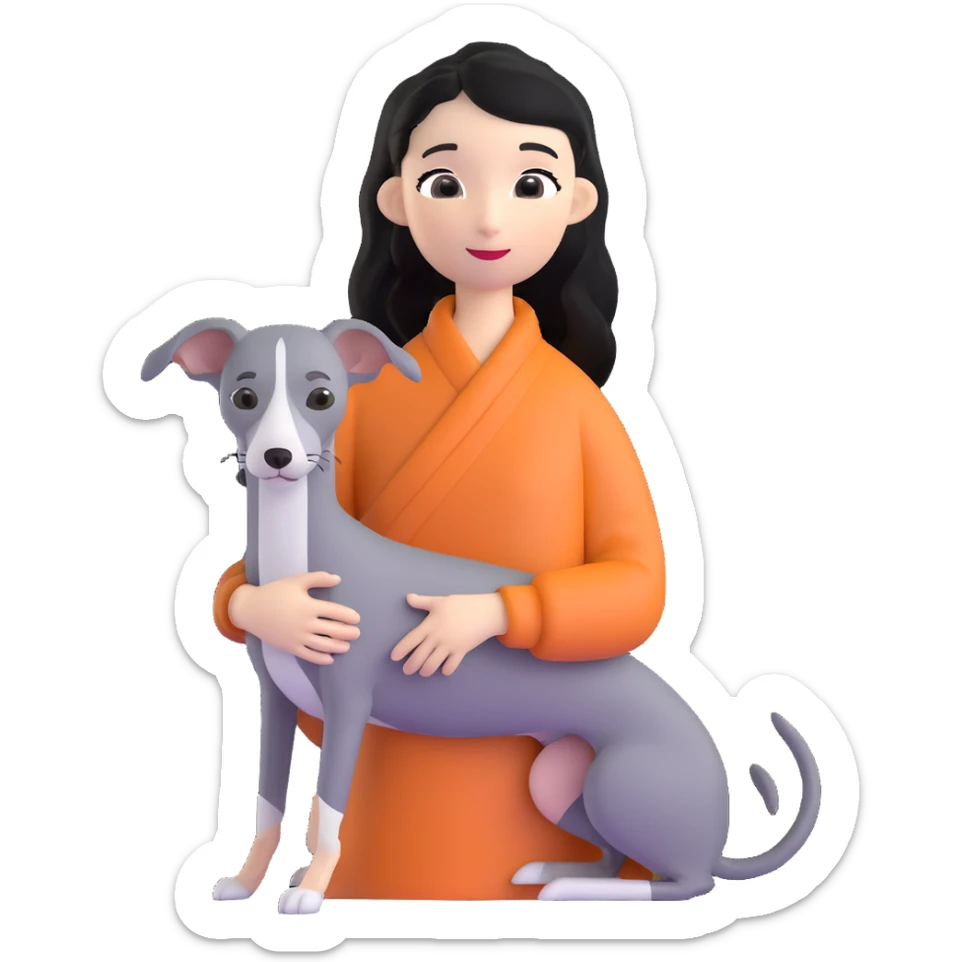 Slim Chinese girl with long black hair holding all grey Italian greyhound sticker
