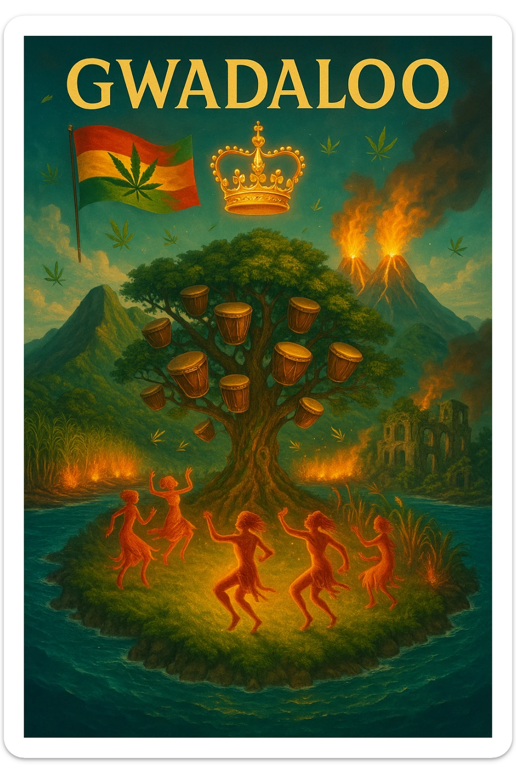 “Depict a mystical reimagining of Guadeloupe, a sacred French Caribbean island renamed Gwadaloo in spiritual rhythm. The landscape blends lush green mountains, twin volcanoes erupting golden light, and deep turquoise sea. In the center stands a legendary Drum Tree — its branches grow carved wooden drums instead of fruit, and glowing ancestral spirits dance around it in a circle of rhythm. Sugarcane fields burn gently in the background, symbolizing the release of colonial pain, while ganja leaves drift in the wind like blessings. Overhead, a sacred ganja-leaf flag flutters in the sky with red, green, and gold colors. A Creole crown floats in golden light above the island, not on any man’s head, but pulsing to the beat of the land. In the distance, ghostly ruins of colonial buildings crumble into dust, reclaimed by vines and time. Use a vibrant, cinematic color palette with warm golden light, deep greens, glowing reds, and ocean blues. Style the scene as prophetic, surreal, and empowering — a vision of Caribbean sovereignty, rhythm, and soul remembrance." sticker