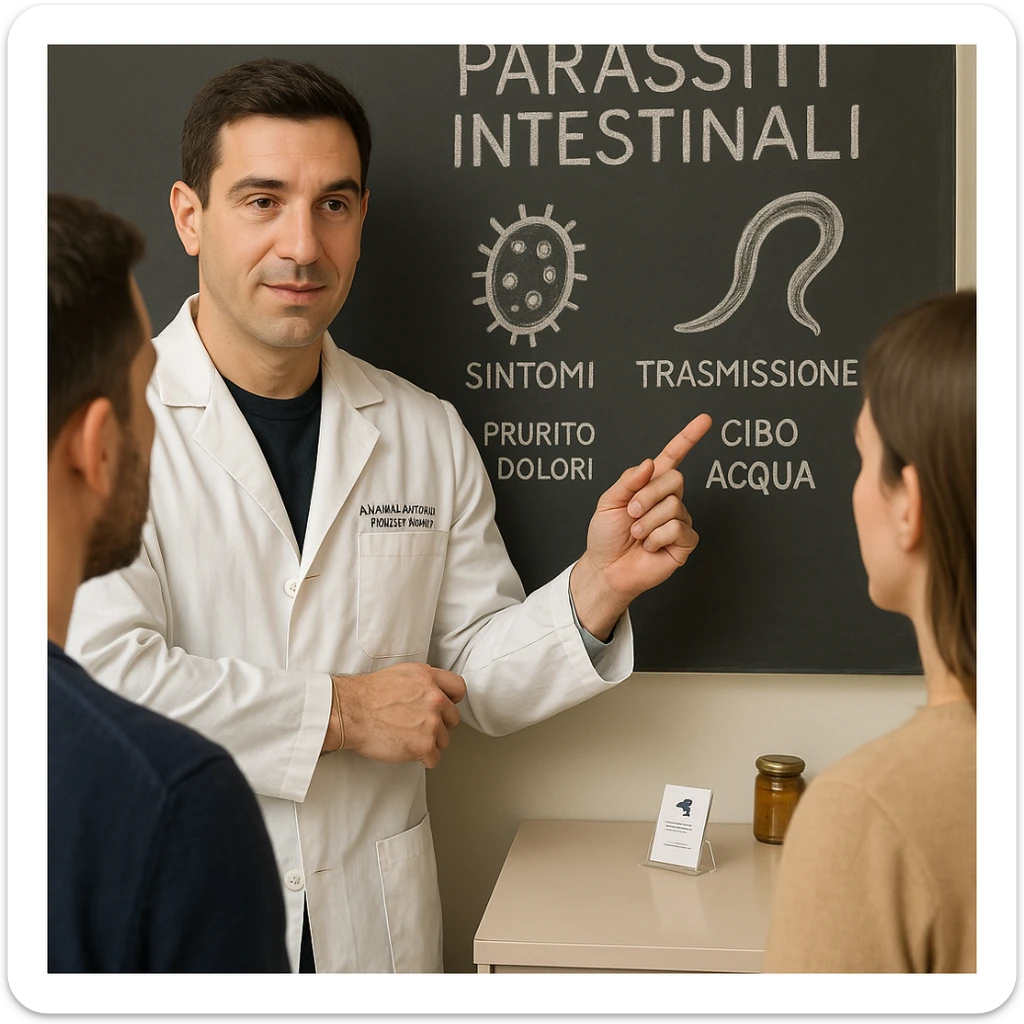 Update the doctor's face to closely resemble the person in the reference photo. Change the diagram or chalkboard text behind the doctor to Italian, keeping the scene educational and respectful about intimate parasites. Maintain a realistic medical setting with a man and a woman listening. The style should remain realistic and medical. sticker
