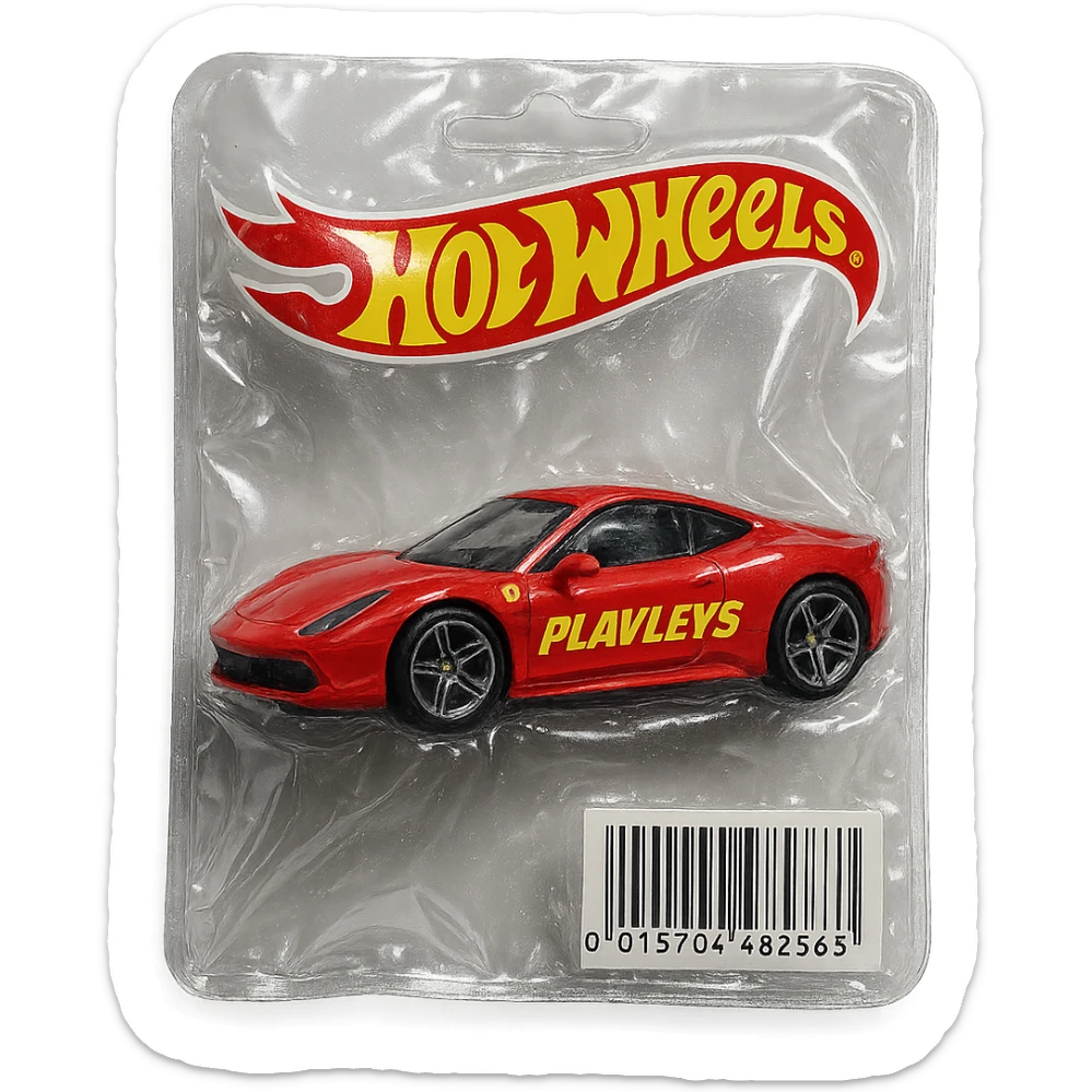 red Ferrari car with the word 'PLAVLEYS' in racing style lettering on the side, inside a Hot Wheels blister package, glossy and puffy, vacuum-sealed style sticker