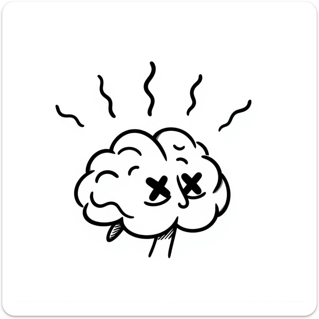 hand-drawn doodle of a brain with X eyes and wavy lines above it, showing exhaustion and brainrot sticker