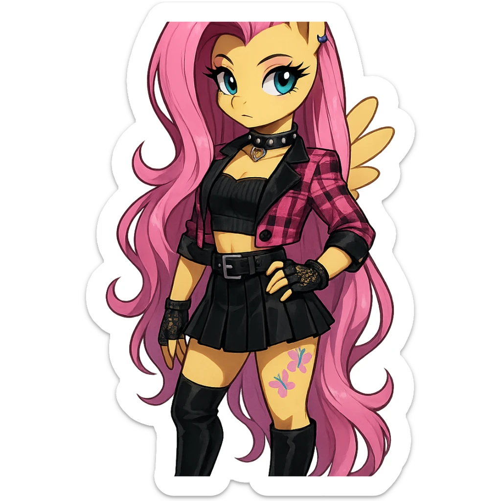 Fluttershy in a Blackpink-inspired style, wearing a trendy outfit, with pink and black accents, transparent background sticker