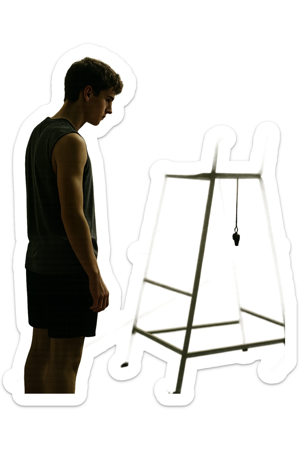 cinematic a person stands alone on a running track or in a fitness studio, glancing toward an empty coach’s chair or whistle hanging on a hook. The absence of the coach is emphasized by a faint, transparent silhouette or shadow where the coach should be. The atmosphere is quiet and a bit disheartened. in italiano sticker