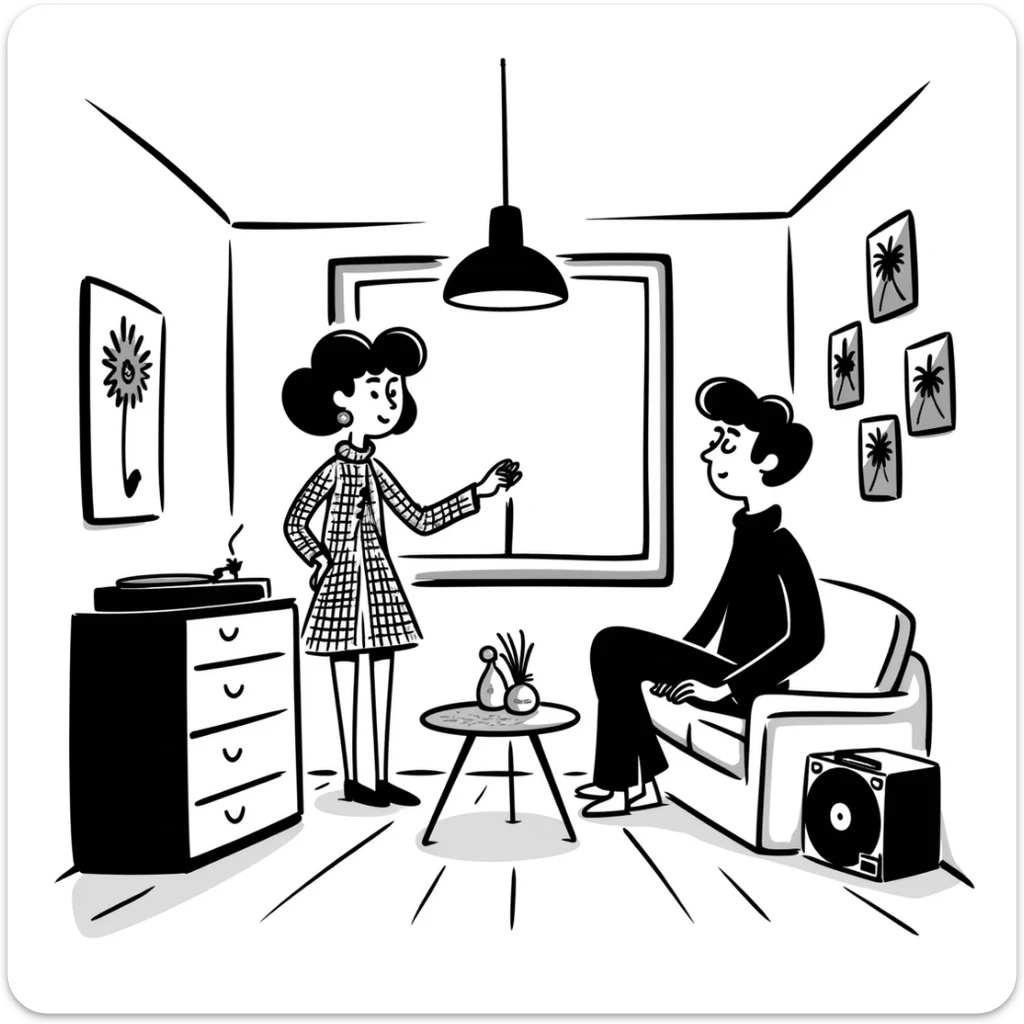 A mid-century modern living room with two people working on laptops — a woman standing at a dresser and a man sitting on a couch. The room has visible floor and two walls forming a corner, large window, modern pendant lamp, turntable, vinyl record stand, retro posters on the wall sticker