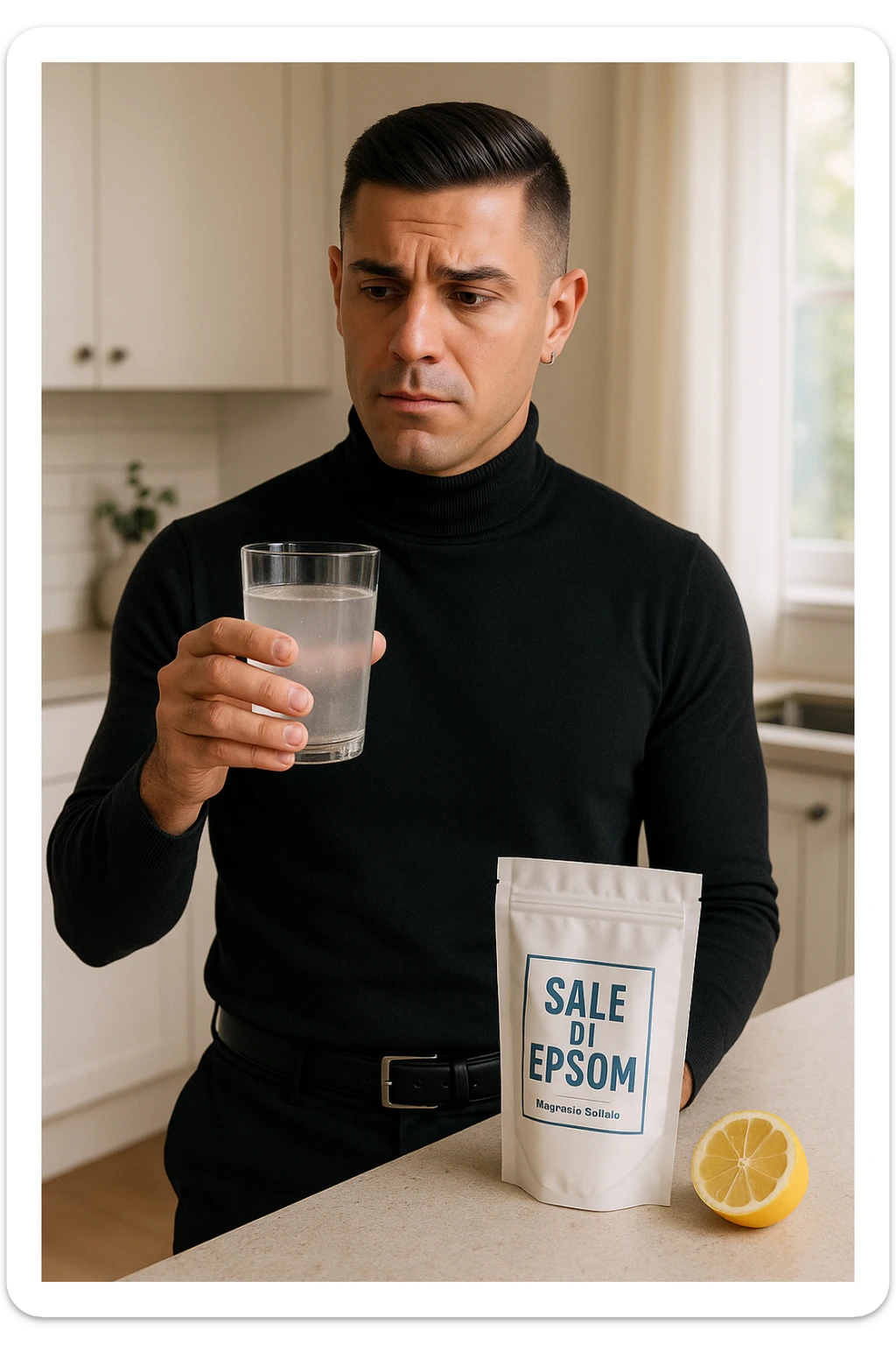 A realistic, bright photo-style image of a young man in his 30s standing in his kitchen, holding a clear glass filled with water in which Epsom salt (magnesium sulfate) has been dissolved. He looks focused but slightly uncertain as he prepares to drink it for a liver flush or digestive cleanse. The glass shows slight cloudiness from the dissolved salt. On the counter are a packet labeled 'Sale di Epsom' and a sliced lemon, suggesting he might use it to mask the taste. The setting is clean, natural, and bright with neutral tones. The background shows sunlight streaming through a window, emphasizing a clean, minimalist health-focused environment. The mood conveys a realistic, calm moment of self-care with a hint of discomfort, illustrating a natural detox practice in italiano sticker