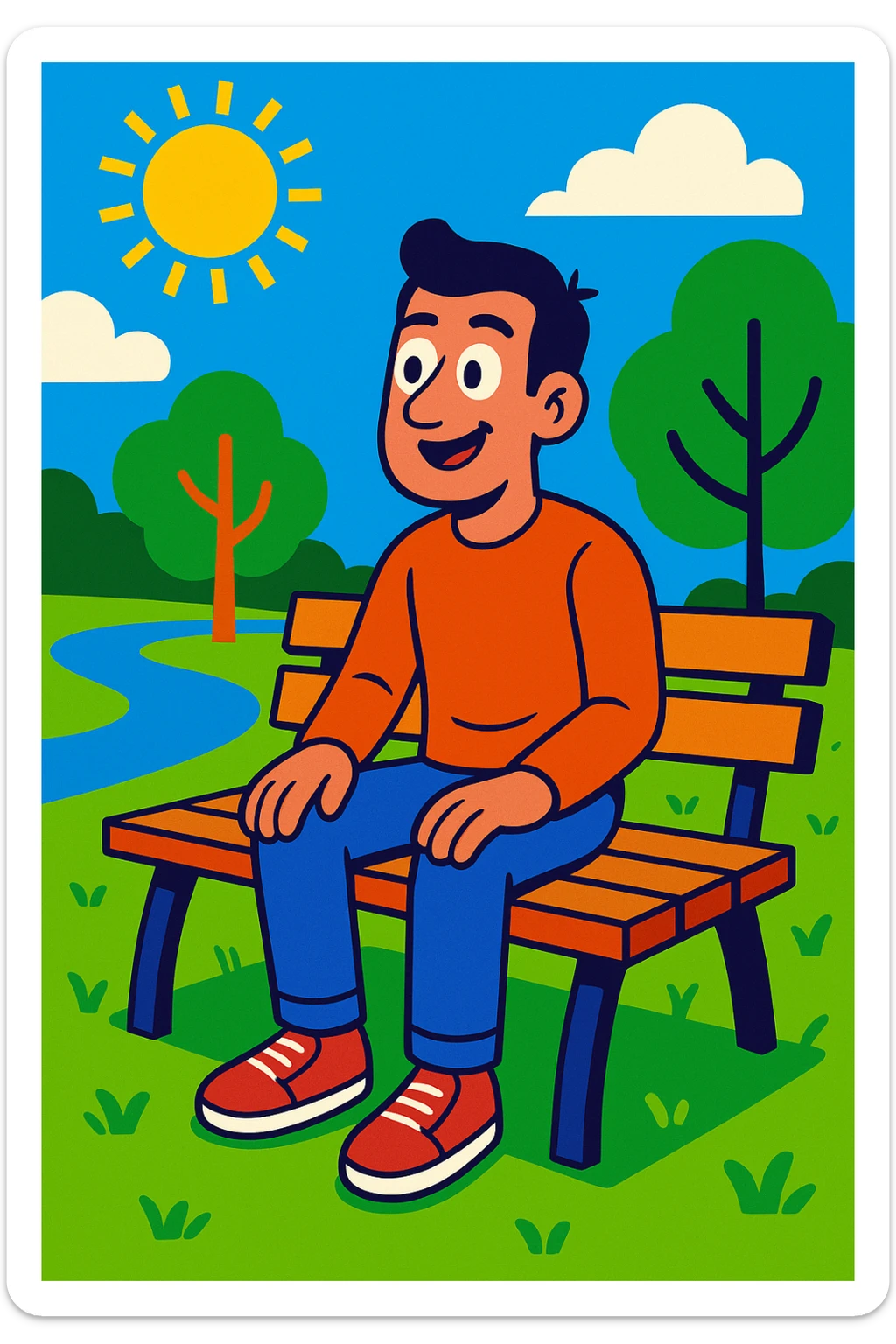 man sitting on a bench in a park, sunny day, vibrant cartoon style sticker