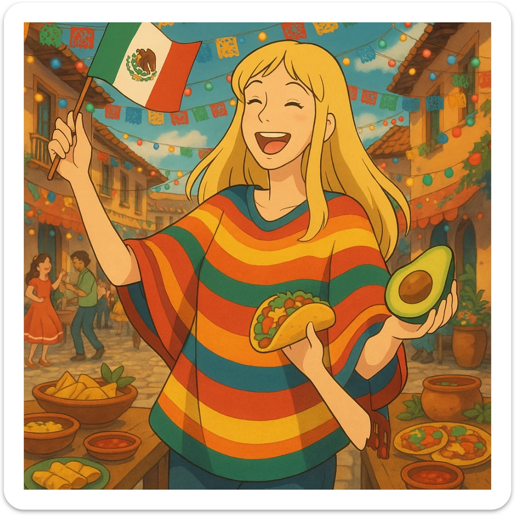 cartoon of a tall blonde woman in a colorful poncho, smiling, holding a taco and avocado, waving a Mexico flag, dancing in a festive street party background with food and decorations sticker