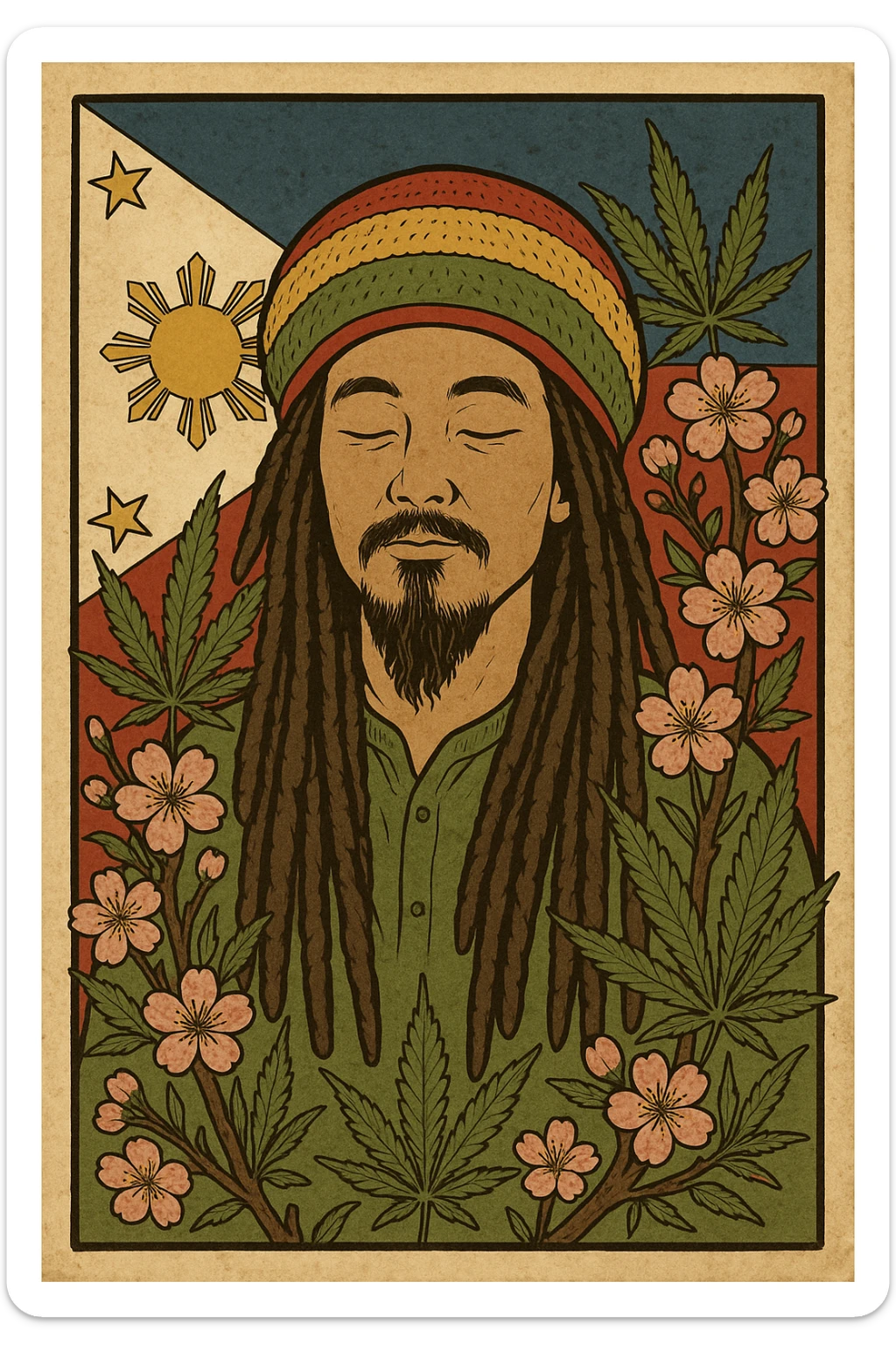 Vintage poster of an Asian Rasta with long dreadlocks, peaceful eyes, and a red-gold-green tam. Surrounded by cherry blossoms and ganja leaves. Background Asian flag. Retro reggae fusion vibe, with bold lines and aged paper texture. Philippines with the actual flag
 sticker