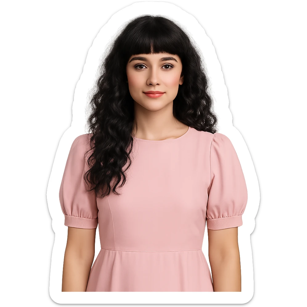white woman, long black curly hair, bangs, dark brown eyes, pastel pink dress, standing sticker