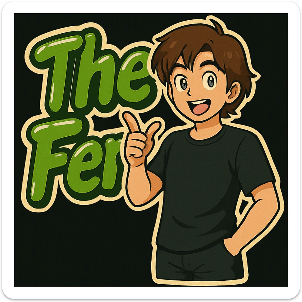 Edit the anime man to wear a black t-shirt with no jacket, standing in front of green bubble letters that say 'The Fern'. Keep his medium-length brown hair and expressive anime face. Maintain a rounded, glossy, energetic vibe in the style of the original image. sticker