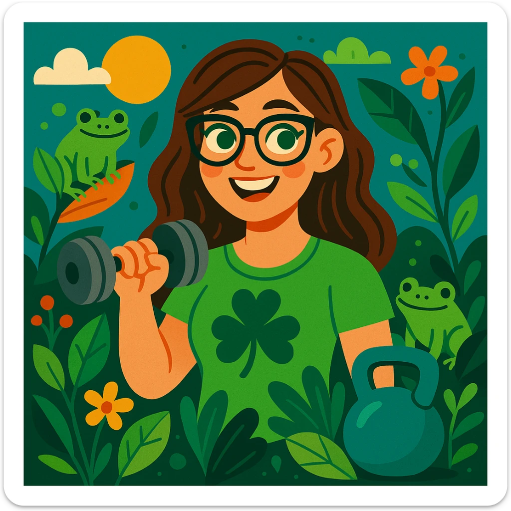 Irish woman with green eyes, brown hair, and glasses, surrounded by nature, frogs, plants, and weight training elements, vibrant illustration style sticker