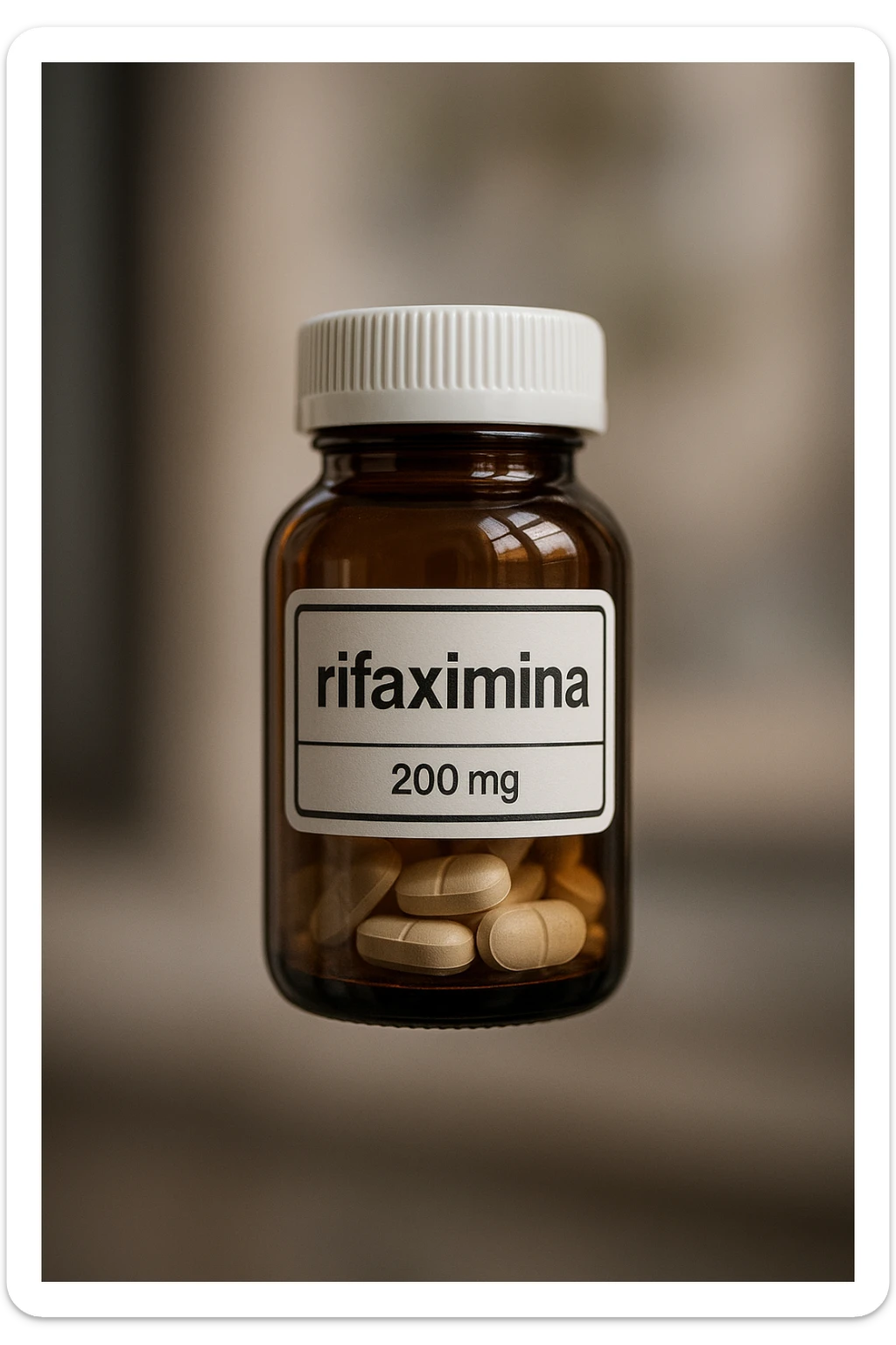 barattolo di medicinale con la scritta "rifaximina" sull'etichetta fluttua in aria, iperrealistico 4k sticker