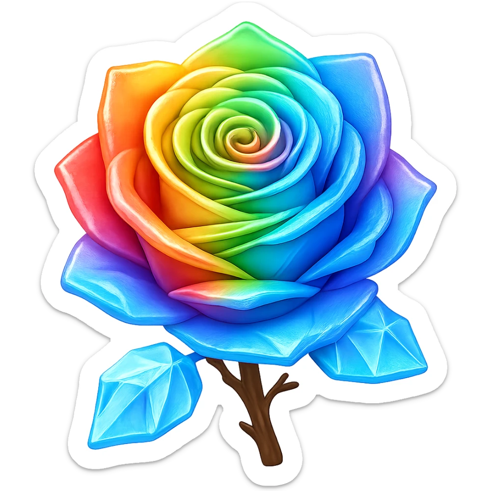 Make the rose made of ice rainbow colored in the style of emoji (apple style emojis). Remove the background. sticker