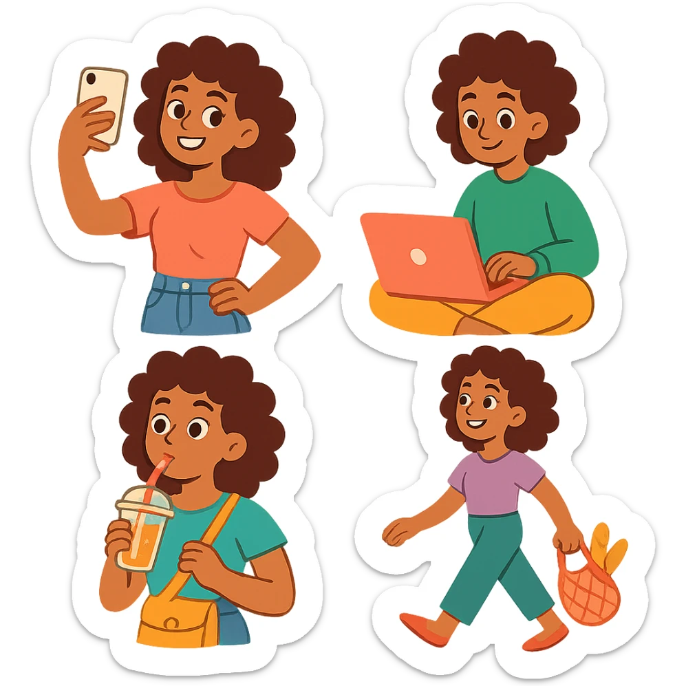 brown woman with curly hair, it girl, daily activities sticker