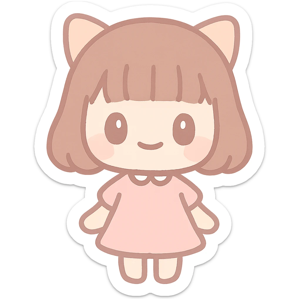 asian girl with cat ears, brown hair with blunt bangs, pink dress, very busty, cute and appealing style sticker
