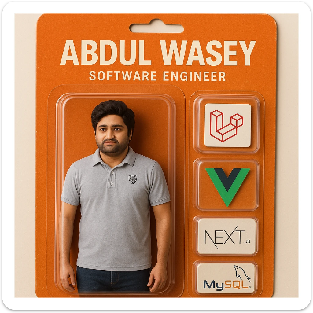 Create a realistic action figure toy of the person in the photo, packaged in a strong orange carded blister box. The card should have 'Abdul Wasey' at the top and 'Software Engineer' underneath. Next to the figure, include four separate equipment items, each in its own individual blister: 1) a Laravel logo, 2) a Vue logo, 3) a Next.js logo, 4) a MySQL logo. Do not repeat any equipment. All items must be inside their own blisters, visualized in a realistic way. The style should be photorealistic and realistic packaging visualization. sticker