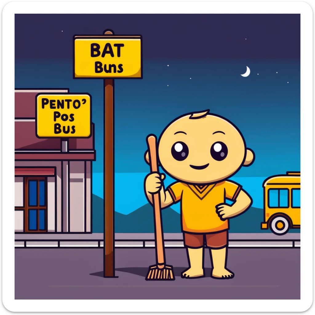humanoid wooden club with big cartoon eyes and wide smile, barefoot, standing at a dark street bus stop under a dim streetlight, holding a bat, background sign 'Pentung Pos Ronda' sticker