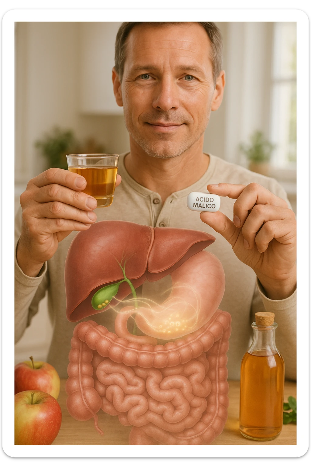 A detailed, realistic illustration or photo-style image showing a person holding a small glass of apple cider vinegar in one hand and a capsule labeled ‘Acido Malico’ in the other. In the foreground or as an overlay, a semi-transparent anatomical view of the abdomen highlights the gallbladder with visible small gallstones inside. Around the gallstones, gentle glowing waves or soft dissolving effects symbolize the softening or breakdown of the stones due to the natural acids. The person looks hopeful and calm, in a bright kitchen setting with fresh apples and natural health products on the counter. The overall mood is informative, natural, and hopeful about non-invasive, natural support for gallstone health sticker
