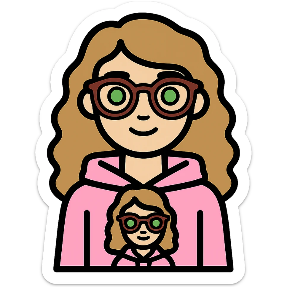 Edit the cartoon image to depict a girl with lighter skin, dark blonde wavy hair, green eyes, wearing a baby pink hoodie and brown glasses, with no background. sticker