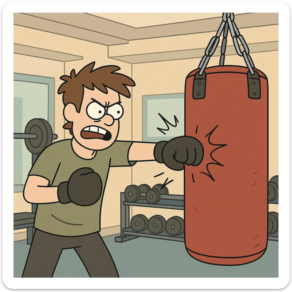 Hit a punching bag – to punch a padded bag for exercise or stress relief.
He went to the gym to hit a punching bag and blow off steam. Background Gym
 sticker