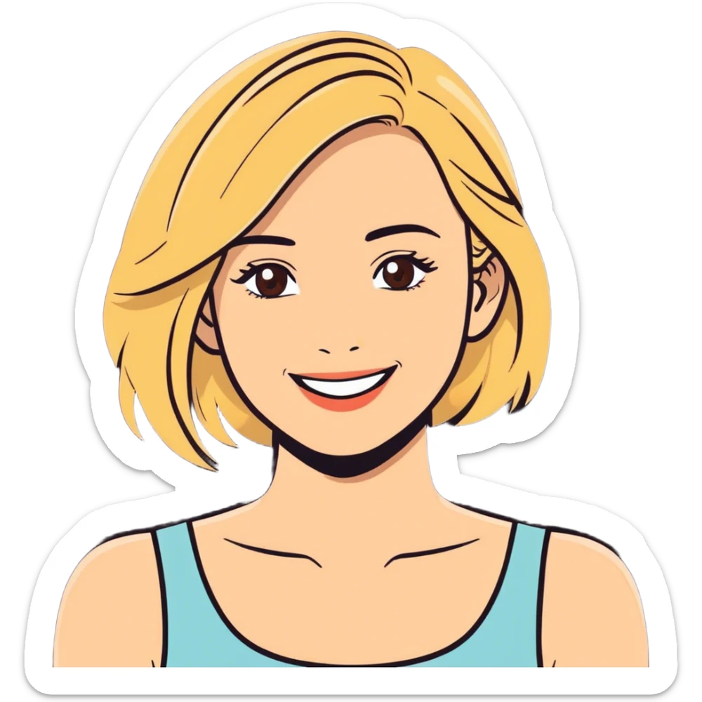 Woman, blonde hair, brown eyes, white skin, smile sticker