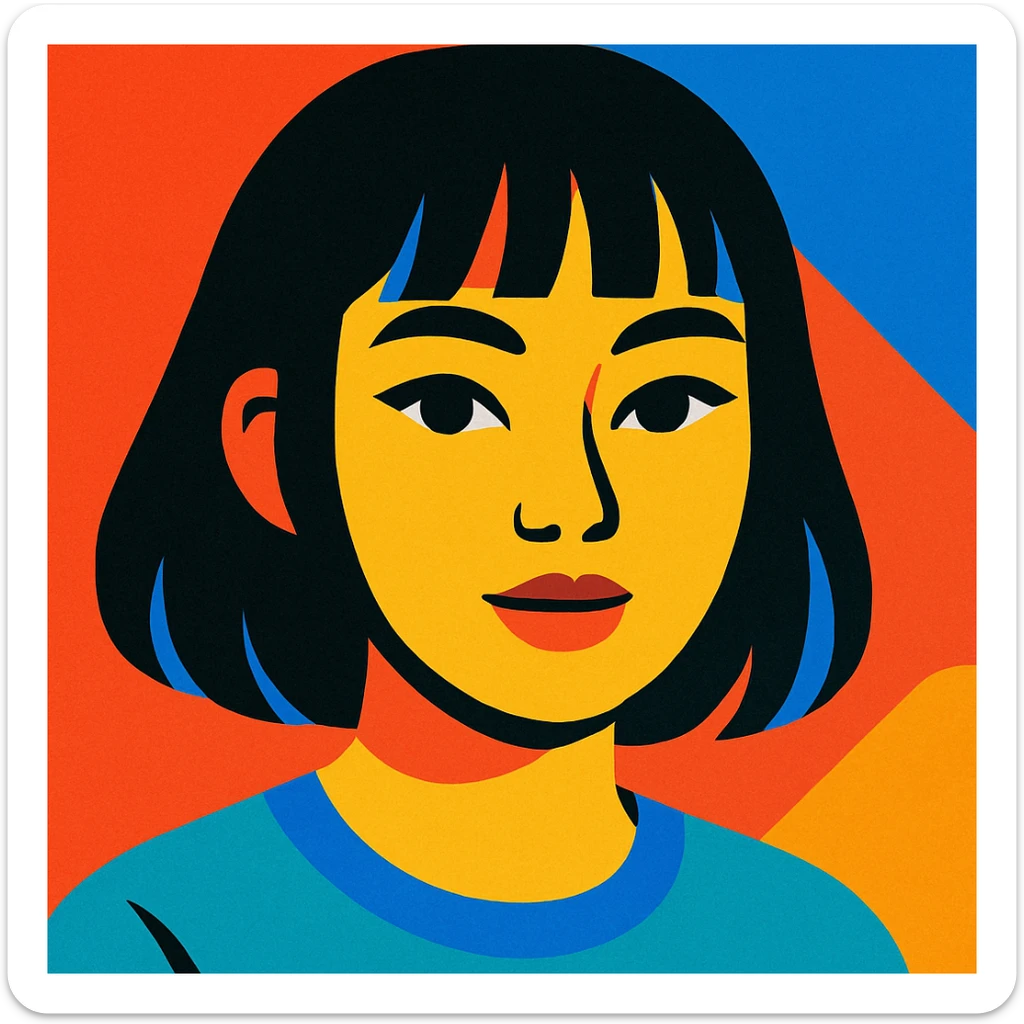 portrait of a girl with black shoulder-length hair, bangs, black almond-shaped eyes, full lips, and straight nose, in vibrant toon style sticker