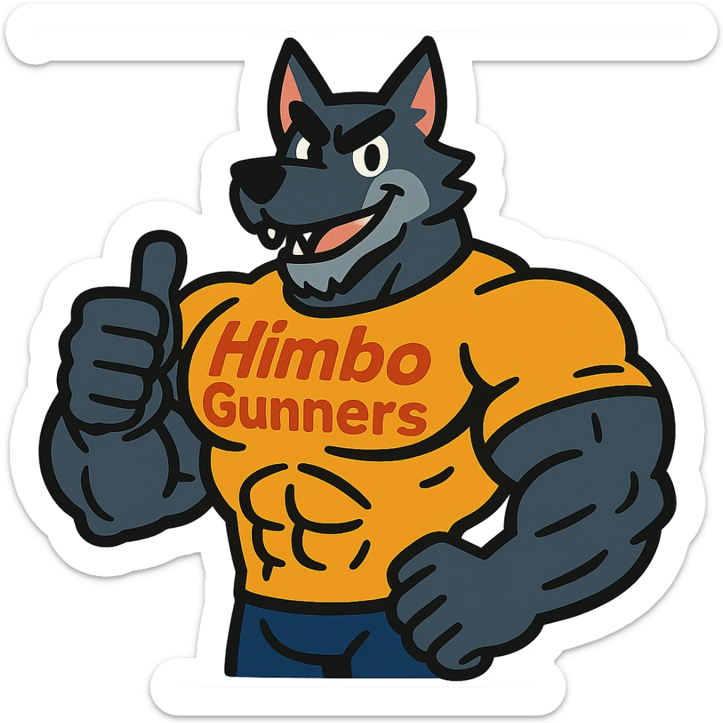 super muscular wolf furry with massive physique, wearing a t-shirt that says 'Himbo gunners', giving a thumbs up sticker