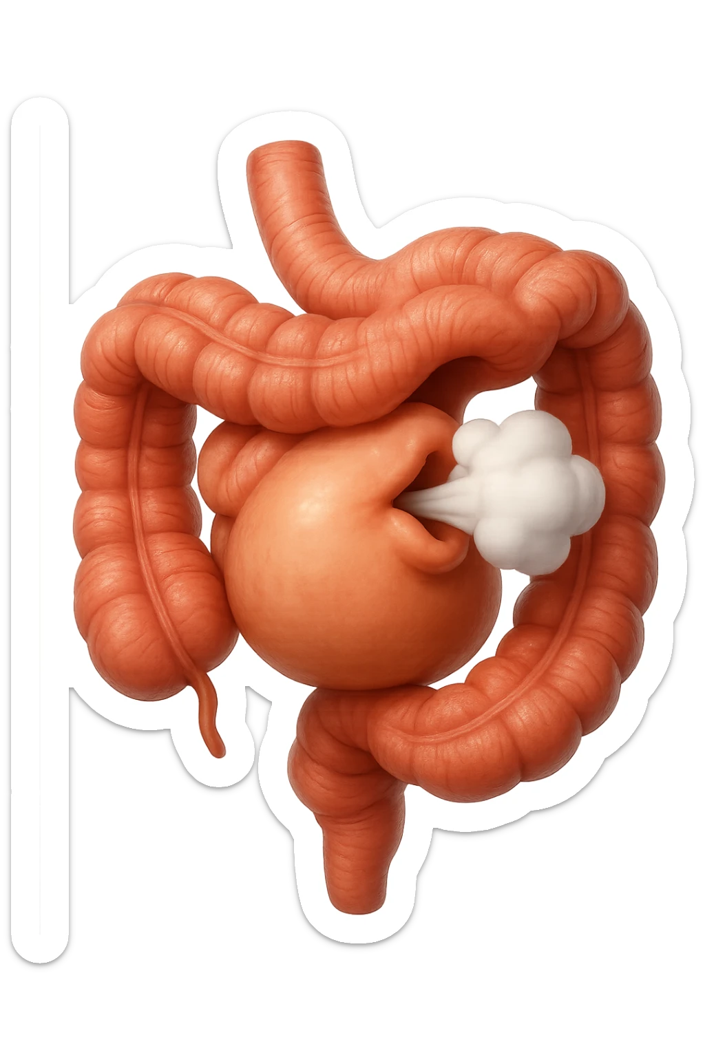 emoji stile iphone di un intestino che ingoia una nuvoletta di aria ben visibile e gli si gonfia la pancia, non fargli il naso, iperrealistico 4k sticker