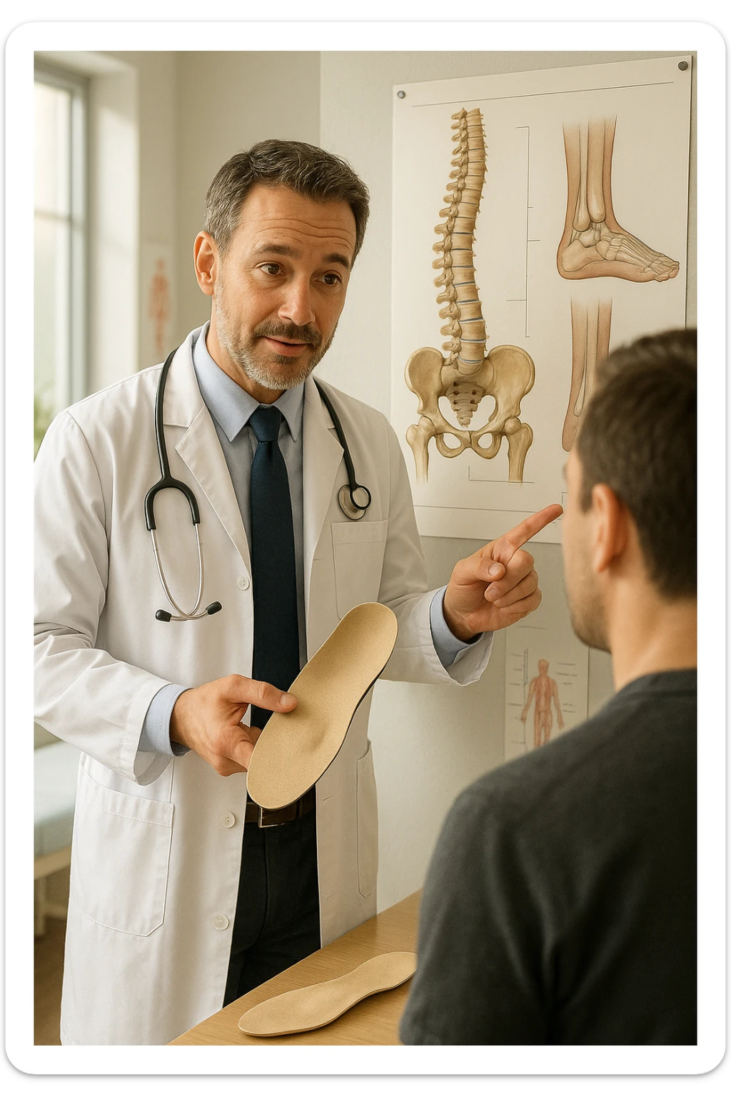 A realistic, cinematic illustration of a professional male doctor in his mid-40s, wearing a white coat, calmly explaining to a patient the benefits of using orthopedic insoles (plantari) for posture correction. The doctor holds a custom insole in his hand while pointing gently to a detailed anatomical poster showing the human spine, pelvis, and feet, illustrating the connection between foot alignment and posture. The setting is a bright, clean medical office with soft natural lighting, a treatment table, and educational anatomical charts in the background. The patient, seen from behind, listens attentively, while the doctor maintains a warm, knowledgeable expression, emphasizing preventive care and body alignment through plantar support. The scene feels trustworthy, modern, and health-focused. sticker