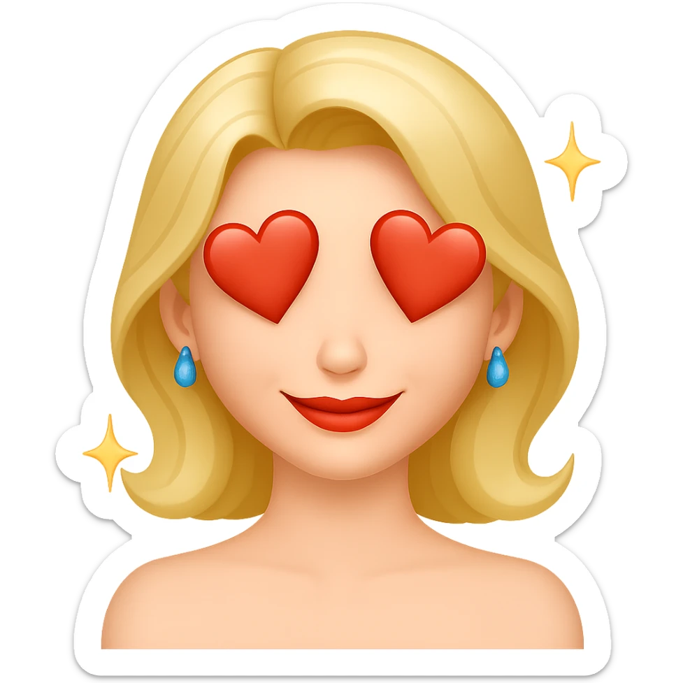 Change the facial expression to falling in love with dreamy eyes and a soft smile. Add hearts or sparkles around the face. Keep the same style as the reference image. Remove the background. sticker