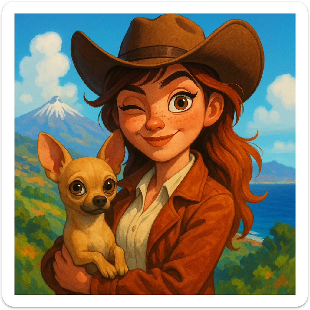 Portrait of a female cowboy with a rebellious and playful expression, wearing a cream shirt and a cognac-colored jacket, freckles, tanned skin, hazel eyes, auburn-highlighted hair, holding a beige-brown chihuahua in her arms, blurred background of Tenerife, Pixar art style, bright illustration, expressive, big eyes, vivid colors sticker