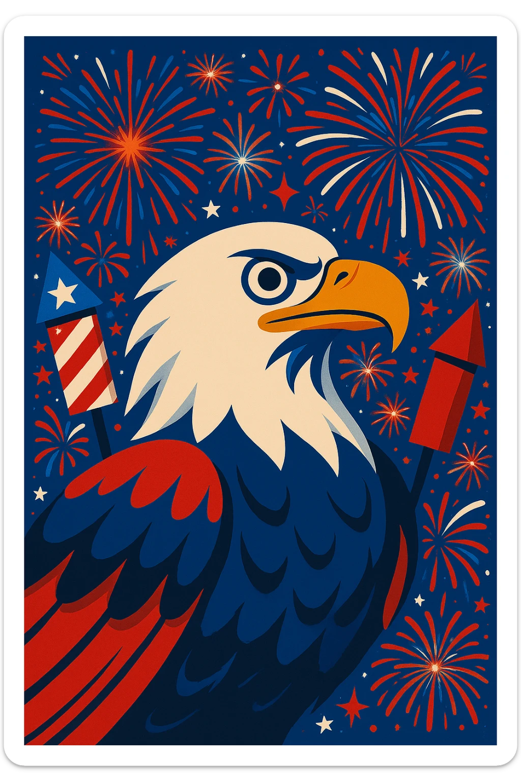 Add more fireworks in the background, keep the vibrant patriotic 4th of July style with bright and colorful fireworks enhancing the festive atmosphere. sticker