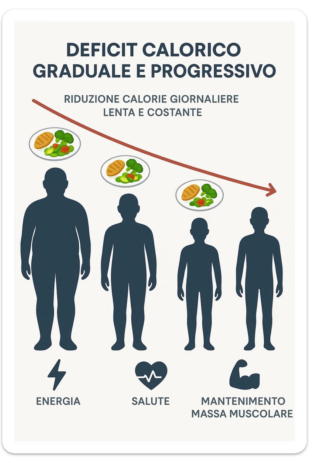 una sequenza di tre sagome umane affiancate, ognuna rappresenta una fase diversa di perdita di peso graduale. Sopra ogni figura, un piatto mostra porzioni di cibo bilanciate ma leggermente ridotte. Frecce e grafici illustrano una diminuzione lenta e costante dell’apporto calorico giornaliero, con icone che rappresentano energia, salute e mantenimento della massa muscolare. Sfondo pulito e moderno, con etichette chiare che spiegano “deficit calorico graduale e progressivo” sticker