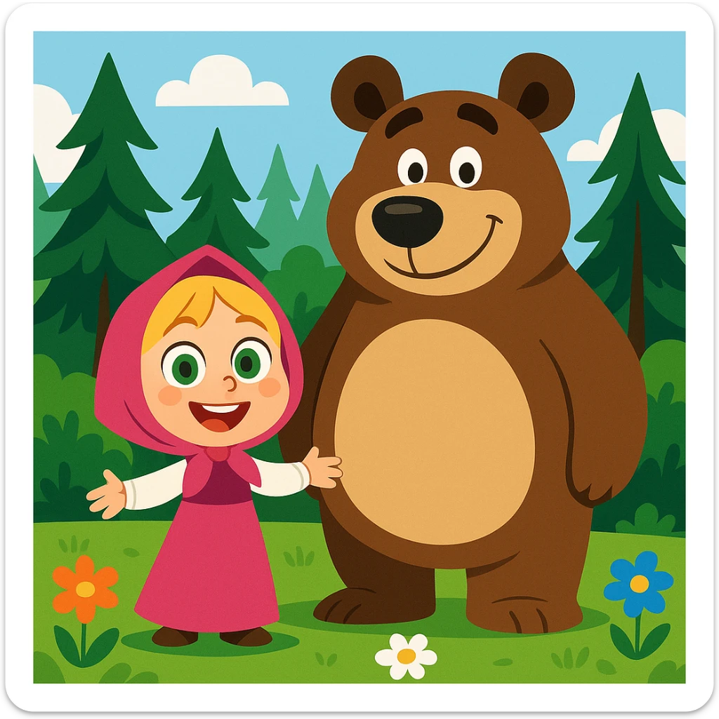 cheerful little girl with big green eyes and blonde hair, wearing a pink dress and headscarf, standing beside a large friendly brown bear with a gentle face and round belly, both smiling in a lush green forest with tall pine trees and colorful flowers, cartoon style, bright lighting, clean background sticker