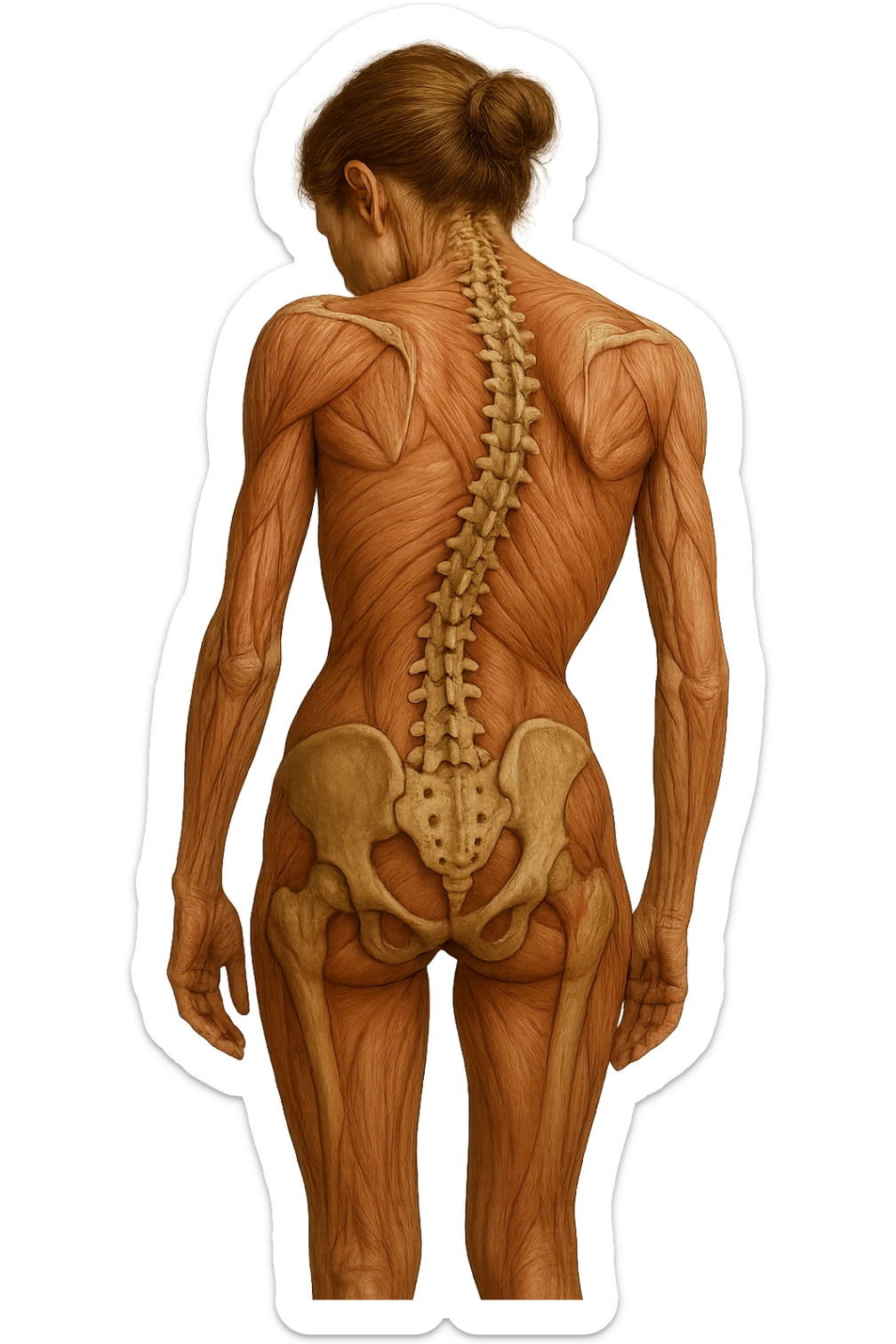 donna di spalle con spina dorsale in evidenza, postura storta, spalle chiuse in avanti, iperrealistica 4k sticker