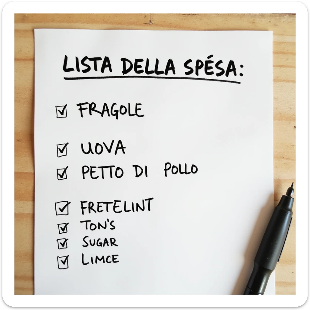 top view of a sheet of paper with handwritten shopping list in pen: 'LISTA DELLA SPESA: - FRAGOLE - UOVA - PETTO DI POLLO', with check marks on already purchased items, hyperrealistic 4K, no background sticker