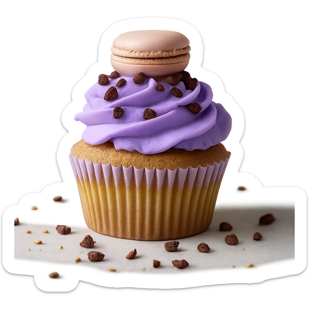 Change the icing to taro flavor with light purple color, creamy and slightly glossy texture, keep the realistic cupcake and accessories, photorealistic style, transparent background. sticker