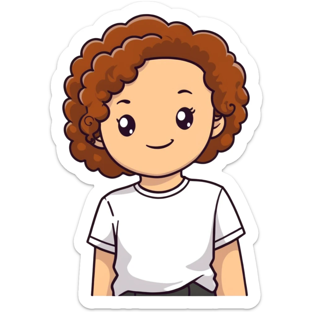 girl with curly chestnut hair wearing a white t-shirt sticker