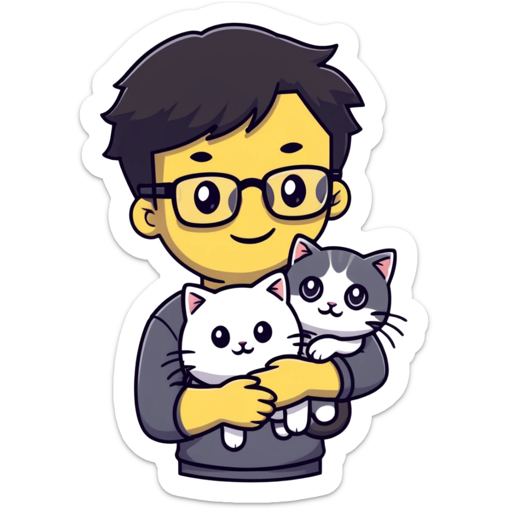 Young man with warm yellow-toned skin, long face, black back-length hair, large eyes, thin-rimmed square glasses, smiling gently while holding a grayish-white Munchkin cat with short legs and a gray patch under its mouth sticker