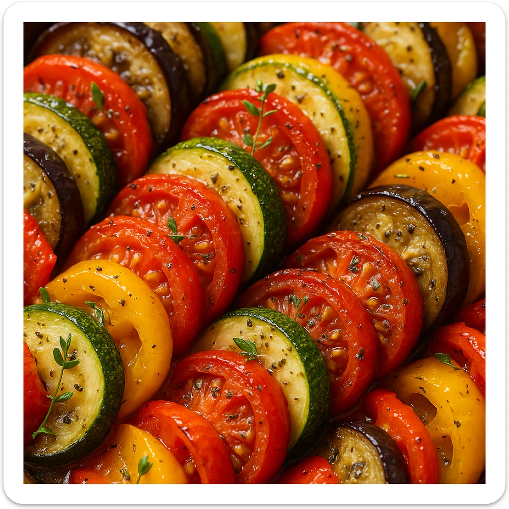 ratatouille food, realistic style, close-up of cooked vegetables, glistening with olive oil, herbs visible sticker