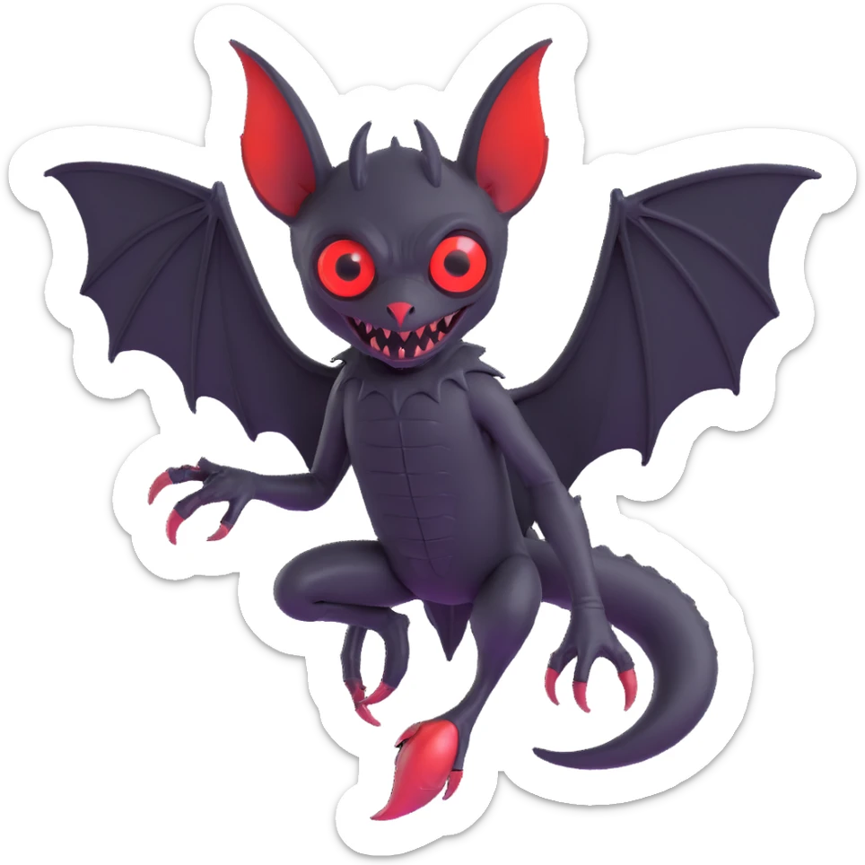 an all black reptilian bat-like creature. One cyclopian red eye in its face. no visible mouth or ears. 2 hind legs with claws. has a long tale with a stinger. no ears. no horns. no arms. visible bone-like stinger at end of tail sticker