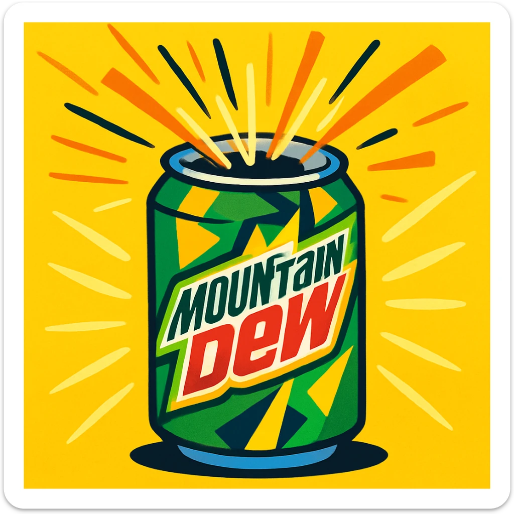 a can of Mountain Dew, vibrant and energetic, green and yellow colors, with sunshine rays bursting out when opened sticker