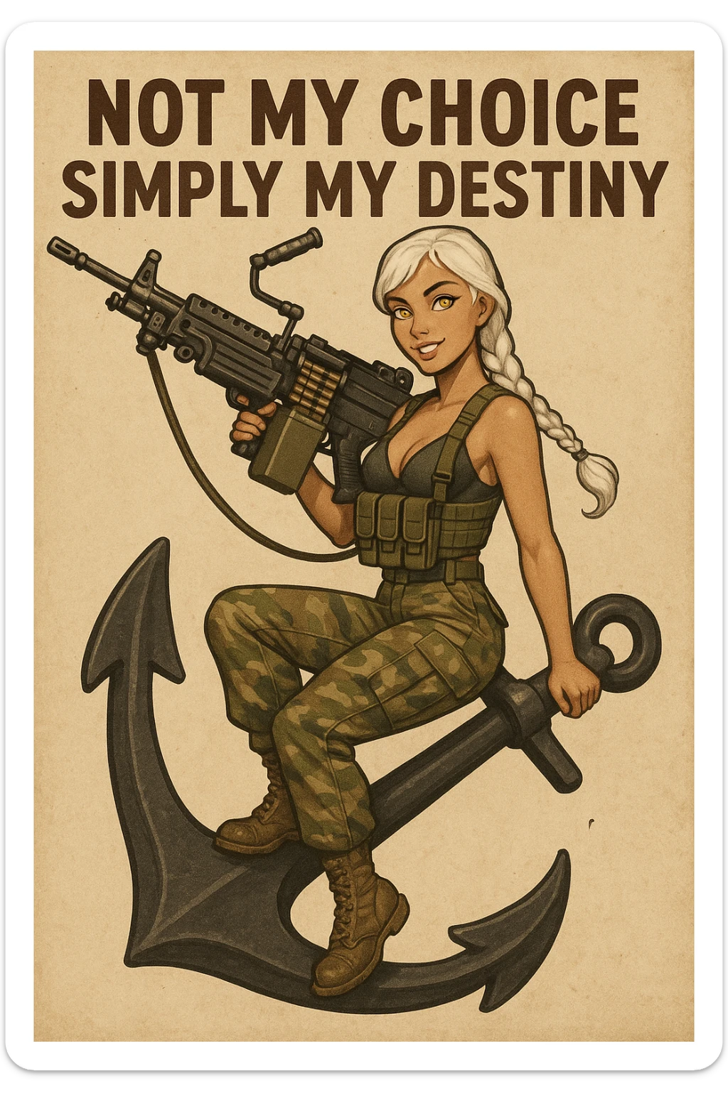 a retro military pinup " not my choice, simply my destiny "
; female figure young,gorgeous, white hair 1 braid, gold yellow eyes, riding side-saddle on a massive anchor , with a massive LMG 249,  wearing a swimsuit and bdu bottom with plate-carrier sticker
