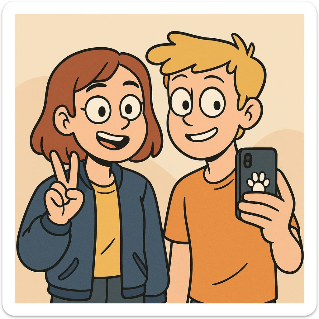 A girl yellow t-shirt blue girls bomber jackets ✌️A boy dark yellow hair Orange T-Shirt white dogs paw 🤳 sticker